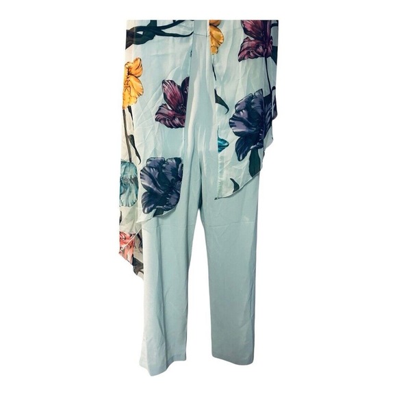 Midnight Velvet Chiffon Popover Pool Blue Floral Summer Cocktail Brunch Jumpsuit - Picture 14 of 16